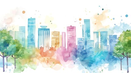 Fototapeta premium Watercolor city with buildings and trees in vibrant colors.