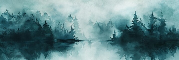 Watercolor Misty Forest Landscape