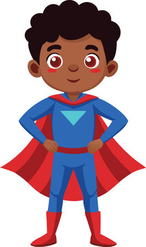 Happy cartoon boy in superhero costume with red cape standing confidently on white background