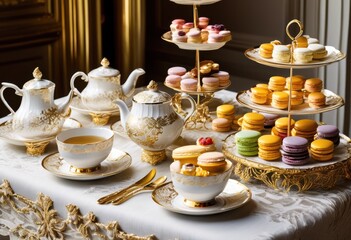 Fototapeta premium elegant high tea set delicate pastries stylish afternoon gathering, beautiful, display, classy, desserts, fancy, cakes, luxury, assortment, refined
