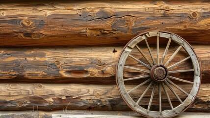 Obraz premium Weathered wooden wagon wheel mounted on rustic log cabin walls
