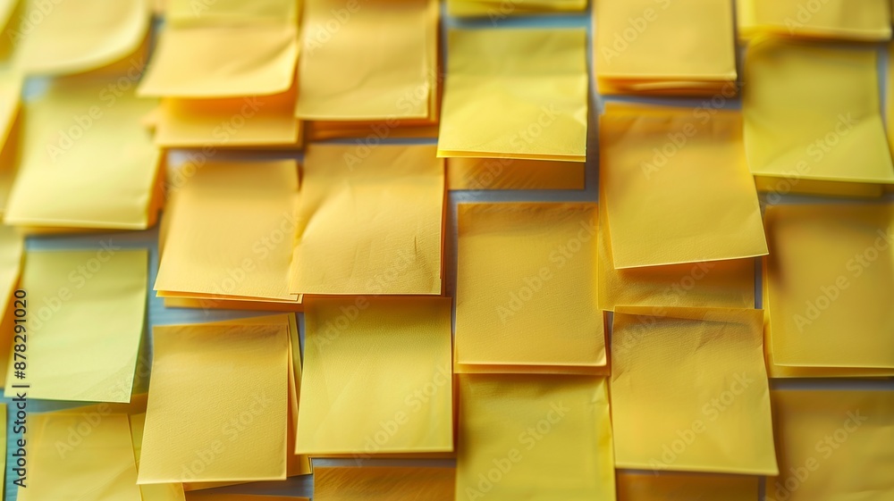 Poster view a stack of yellow sticky notes from a top-down perspective, featuring subtle reflections and tr