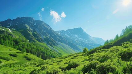 Obraz premium Beautiful lush green mountain landscape with clear blue sky and sunlight