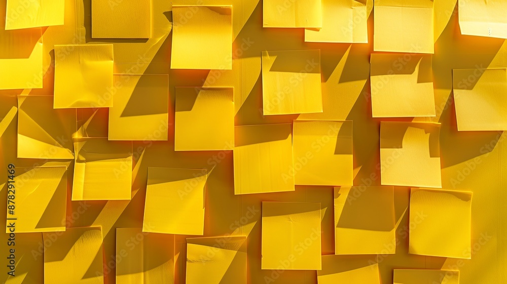 Poster view a stack of yellow sticky notes from a top-down perspective, featuring subtle reflections and tr