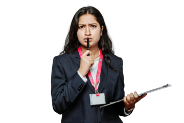 Female Professional in Suit Giving Shhh Gesture with Pen on Lips PNG Isolated on a Transparent Background.