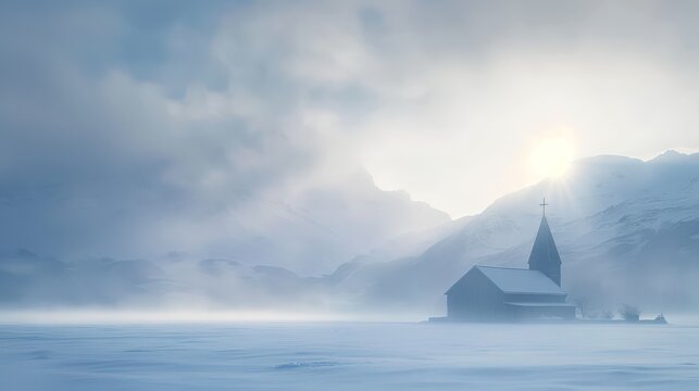 Snow-covered church in serene winter landscape with sun rising over mountains.
