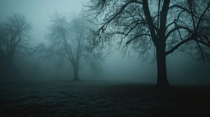 Misty landscape with eerie trees in a foggy, dark atmosphere setting.