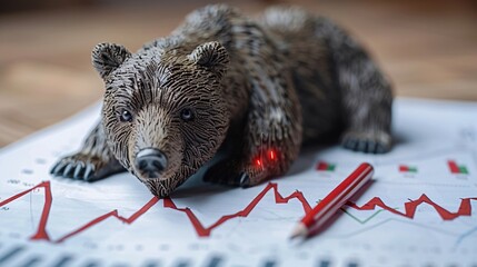 Bear market icon in a flat lay with paper declining graphs and red markers Stock Photo with copy space