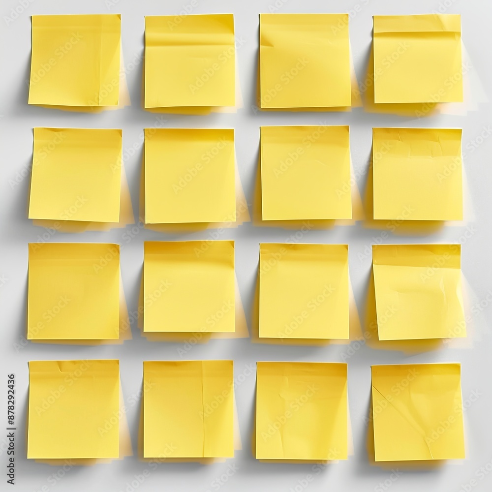 Poster view a stack of yellow sticky notes from a top-down perspective, featuring subtle reflections and tr