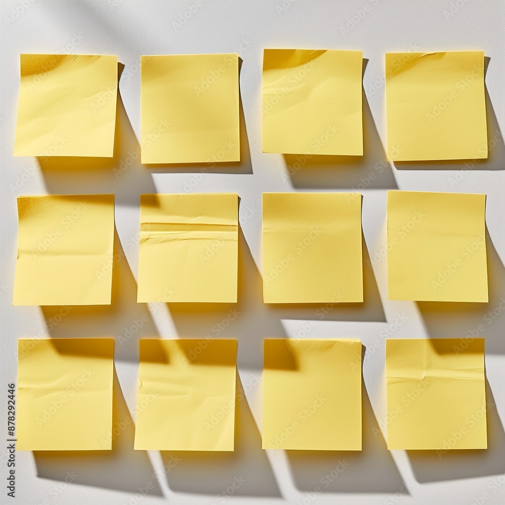 Poster view a stack of yellow sticky notes from a top-down perspective, featuring subtle reflections and tr