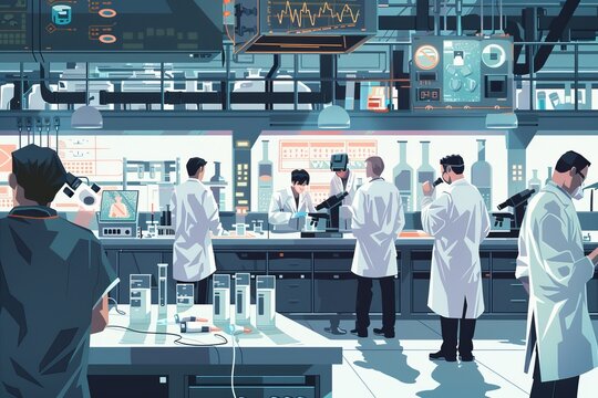An illustration of a bustling medical laboratory with researchers in lab coats