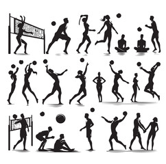 Men women playing summer beach volleyball set icon  silhouette vector