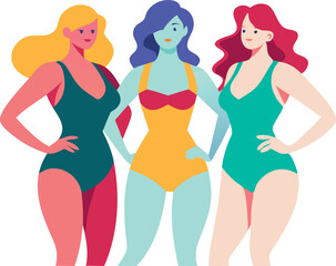 Illustration of three confident women in swimwear posing together