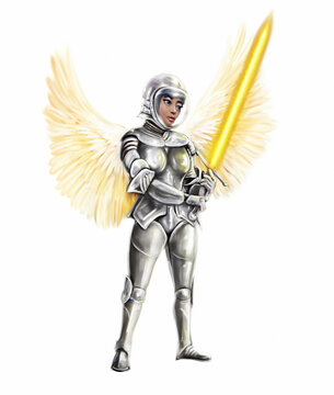 recommend clip art: Fantastic illustration of knights, knight with sword. Angel in space armor with wings and a glowing sword.  Fine art