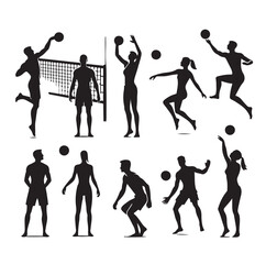 Men women playing summer beach volleyball set icon  silhouette vector