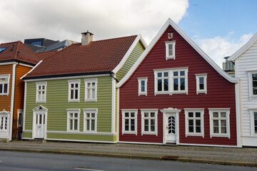 Typical nordic architecture, colourful wooden houses in Bergen city, Norway