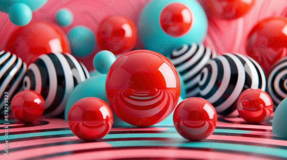 Aufkleber abstract 3d sphere patterned scene with visual context red and blue geometric shapes, dynamic compos