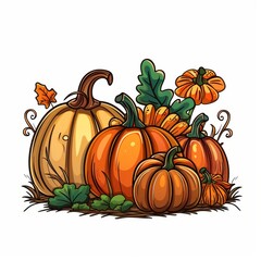 A colorful illustration of pumpkins with leaves and vines, perfect for fall and harvest themes.