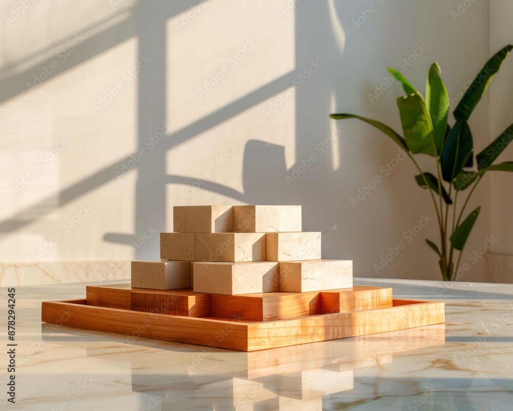 Poster architect's shadow illuminates wooden model with gentle light, casting a design pattern on a tableto