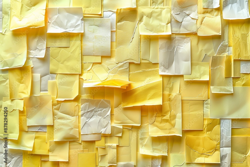 Poster view a stack of yellow sticky notes from a top-down perspective, featuring subtle reflections and tr