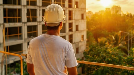 Fototapeta premium Architect's Shadow Cast Upon Building Construction, A Symbol of Structural Planning and Visionary Design The silhouette of an architect in a hard hat stands against the backdrop of a partially built