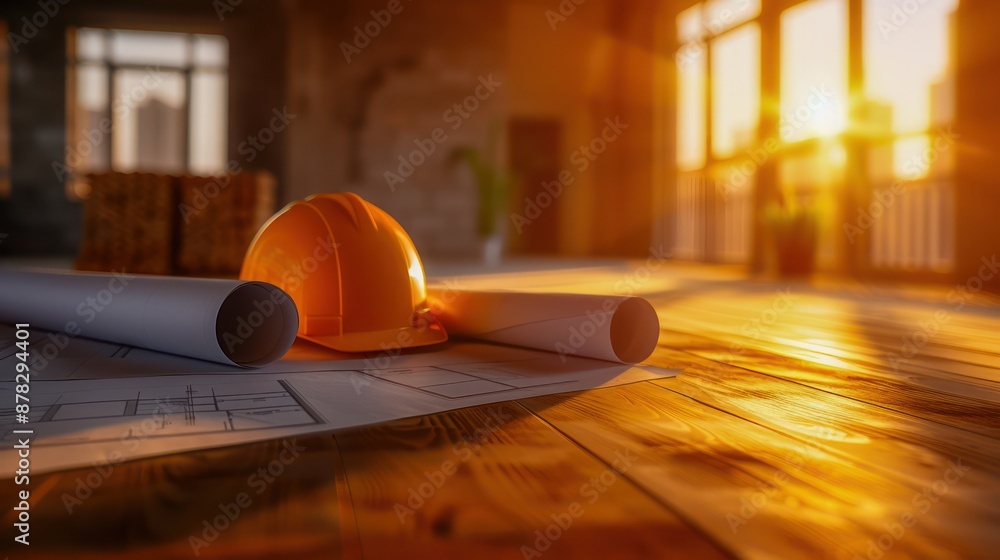 Aufkleber Architect's Shadow with Soft Illumination A Glimpse into the Creative Process of Designing Spaces The Play of Light and Shadow on Blueprints and a Hard Hat Architectural Design Glow, Inspiration