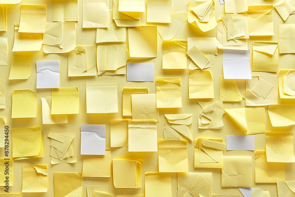 Poster view a stack of yellow sticky notes from a top-down perspective, featuring subtle reflections and tr