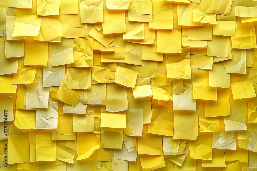 Poster view a stack of yellow sticky notes from a top-down perspective, featuring subtle reflections and tr