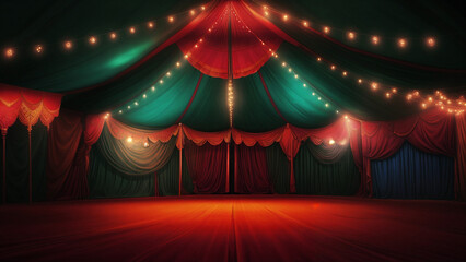 a large circus tent with lights and curtains