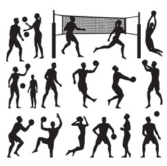Men women playing summer beach volleyball set icon  silhouette vector