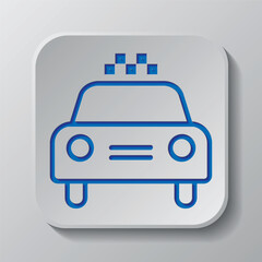Taxi, cab simple icon vector. Flat design. Paper cut design. Cutted blue symbol with shadow. Gray badge button, gray background