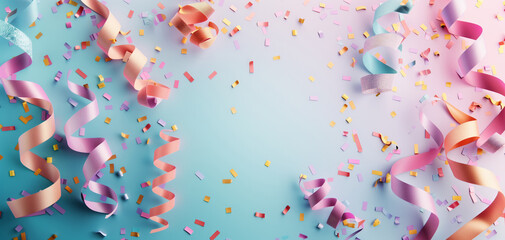 Fototapeta premium Colorful party ribbons and confetti on a blue gradient background, creating a festive celebration atmosphere.