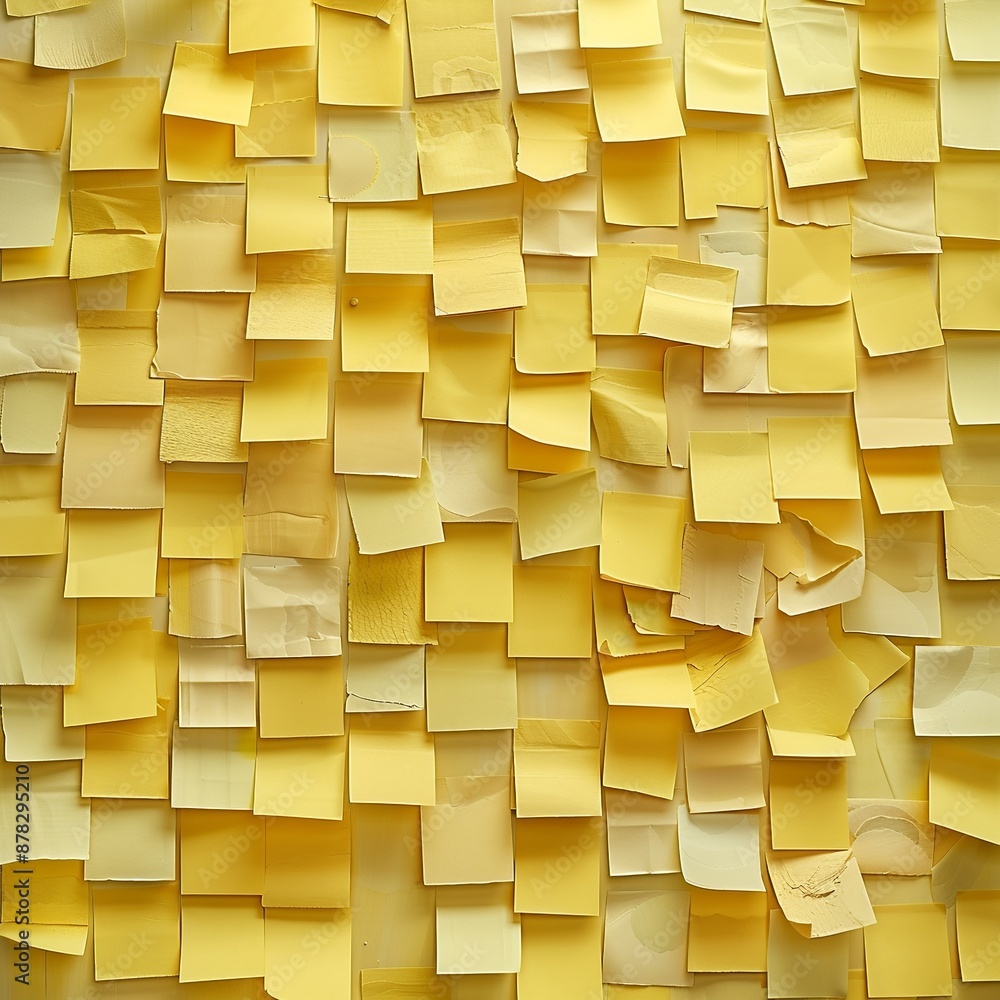 Poster view a stack of yellow sticky notes from a top-down perspective, featuring subtle reflections and tr