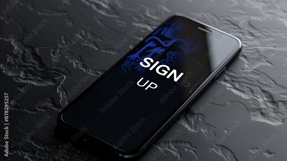 Poster a smartphone displaying the sign up screen, highlighting mobile authentication and user registration
