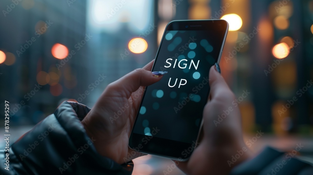 Poster a mobile phone displaying a sign up screen, indicating website registration via phone. perfect for i
