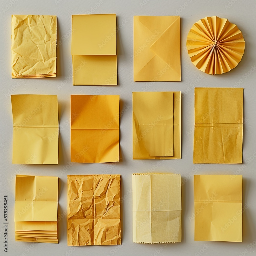 Poster view a stack of yellow sticky notes from a top-down perspective, featuring subtle reflections and tr