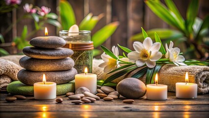Soothing ambiance of serene spa setting with decorative stones, blooming flowers, and calming candlelight, surrounded by neutral copy space.