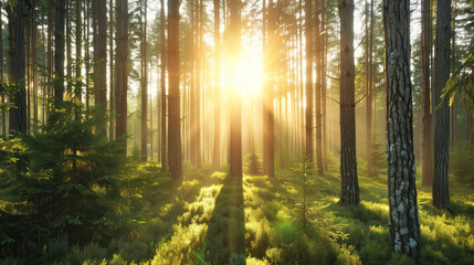 Obraz premium Serene forest with sunlight streaming through tall trees, highlighting the lush greenery and creating a peaceful atmosphere.