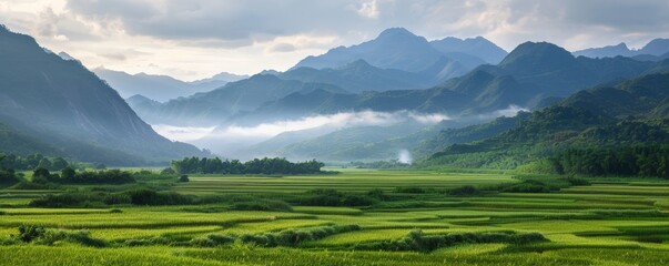 Obraz premium Serene Beauty of an Asian Country: Lush Valleys, Cascading Waterfalls, and Dense Forests at Dawn