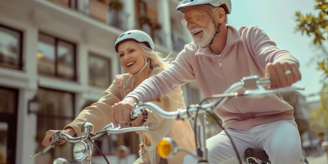 Elderly couple on bicycles  