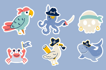 Collection stickers of pirate characters octopus parrot shark crab skull flat style