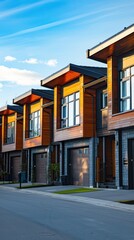 Fototapeta premium Modern row houses with wooden facades and large windows in daylight