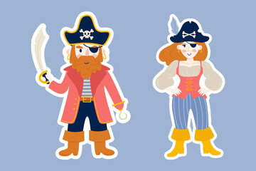 Pirate and female pirate stickers characters flat style