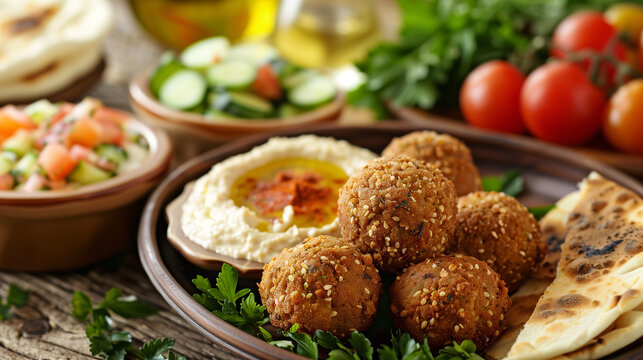 crispy falafel balls served on a platter with hummus, pita bread, and a fresh cucumber-tomato salad, arranged on a Mediterranean-themed table with olive oil and herbs in the background