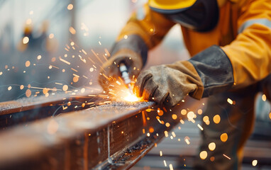 Worker in protective gear using a welding tool on metal beams, producing sparks at a construction site, showcasing industrial fabrication.