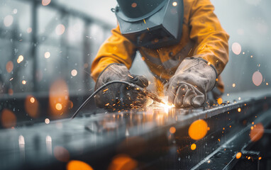 Worker in protective gear welding metal with sparks flying, showcasing industrial craftsmanship and expertise in a vivid, dynamic scene.