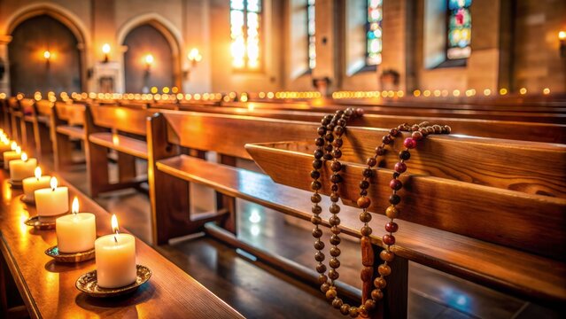 Serene empty church pew with rosary beads and lit candles, symbolizing faith, hope, and devotion to a higher power.