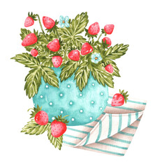 Strawberry bouquet watercolor illustration. Wild strawberry. Country style. Vintage vase. Strawberry berries, leaves, flowers. Cozy. Illustration isolated. For printing on stickers, cards, invitations