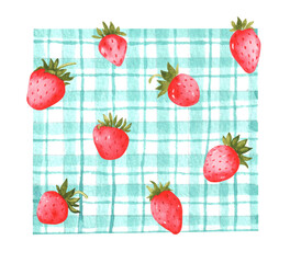 Wild strawberry watercolor illustration. Berries, strawberries. Blue checkered background. Country style. Rustic. Cozy. Illustrations isolated. For printing on stickers, cards, invitations