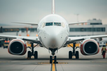 Detailed Close-Up of Airline Plane Cockpit at Apron with Ground Crew Preparing for Boarding | Aircraft Inspection and Maintenance Scene